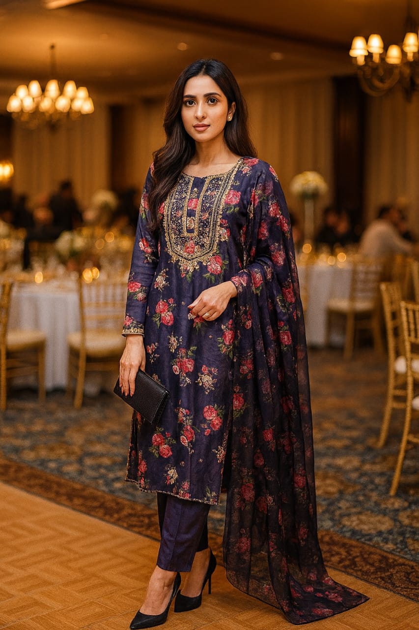 Floral hand-embroidered gotta neckline