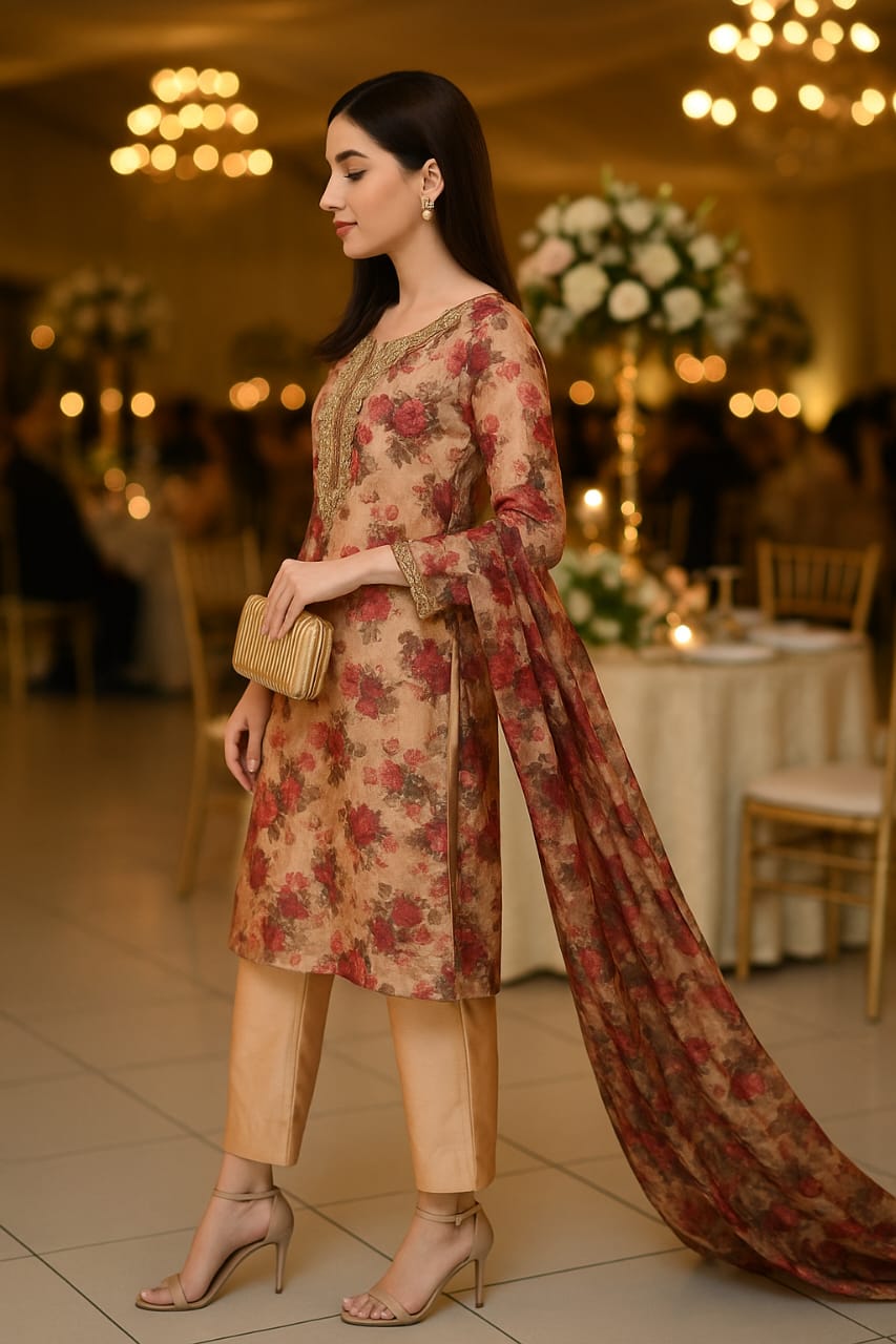 Floral hand-embroidered gotta neckline