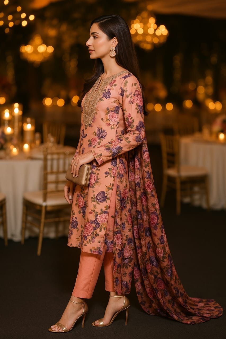 Floral hand-embroidered gotta neckline
