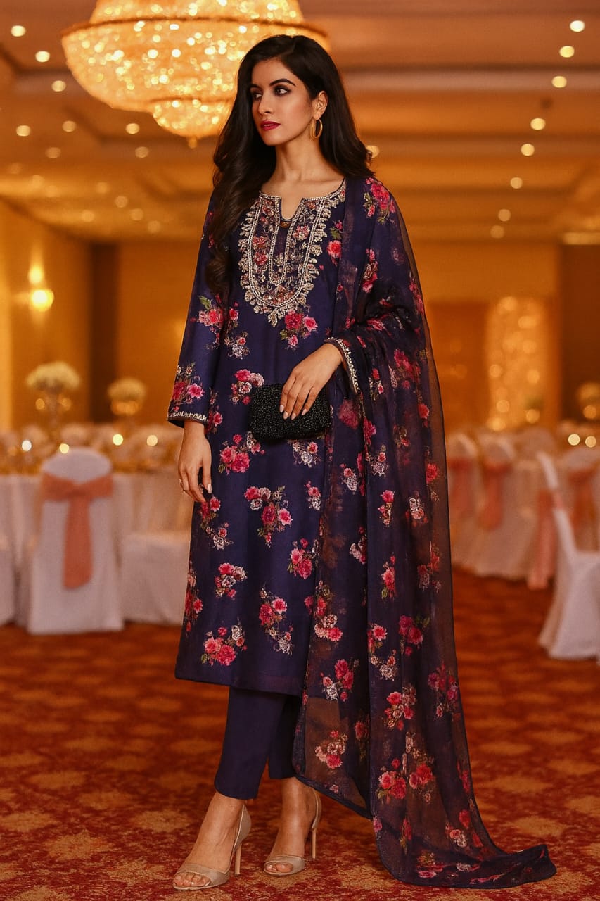 Floral hand-embroidered gotta neckline