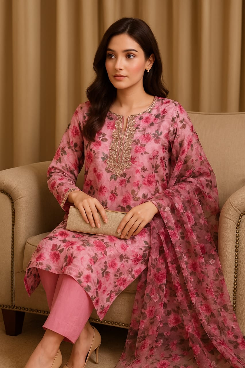 Floral hand-embroidered neckline