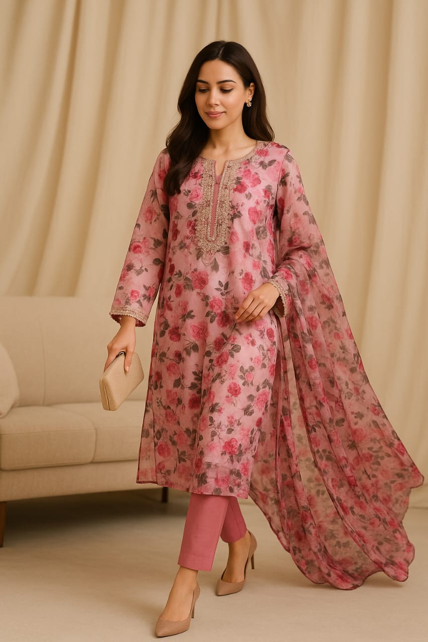 Floral hand-embroidered neckline