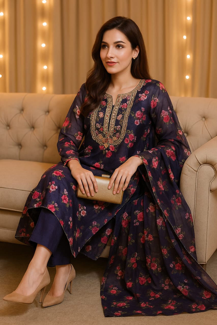 Floral hand-embroidered gotta neckline