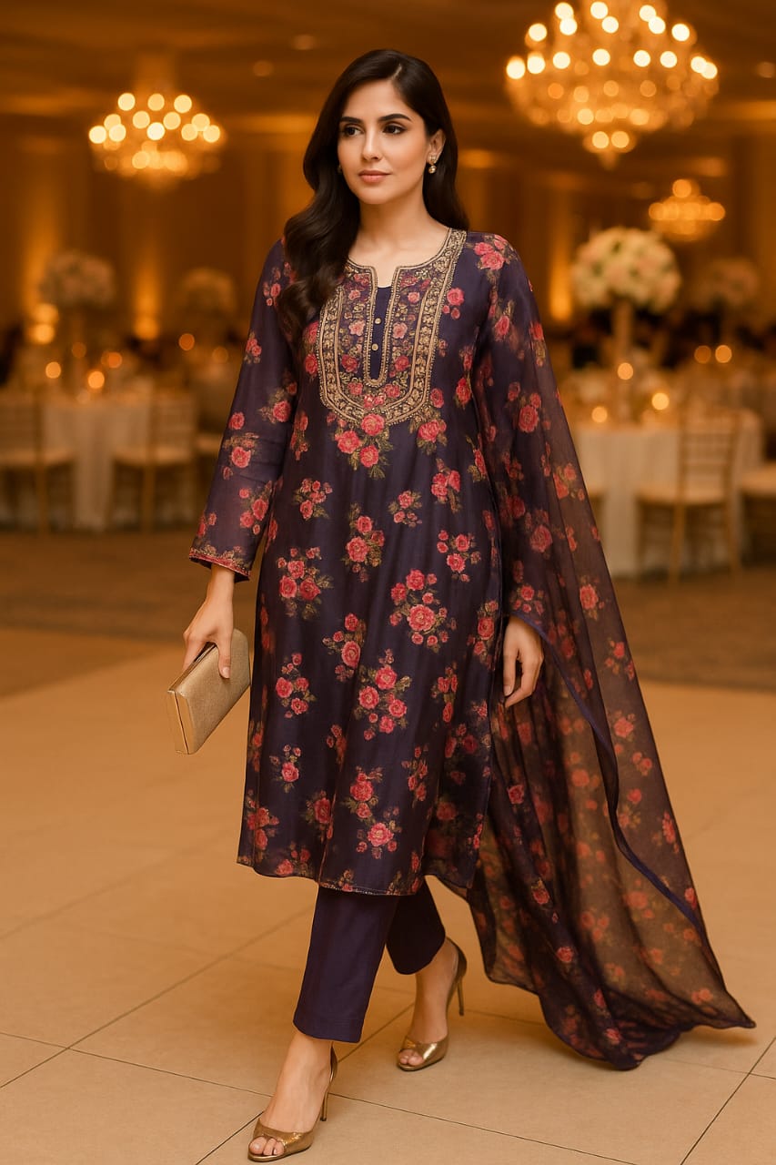 Floral hand-embroidered gotta neckline
