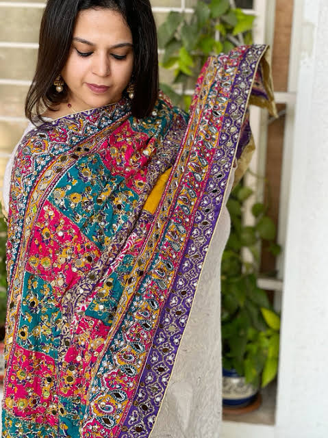 mirror work handmade embroidered printed pure silk dupatta