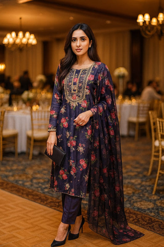 Floral hand-embroidered gotta neckline