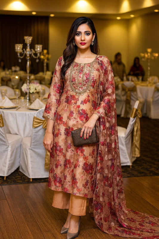 Floral hand-embroidered gotta neckline