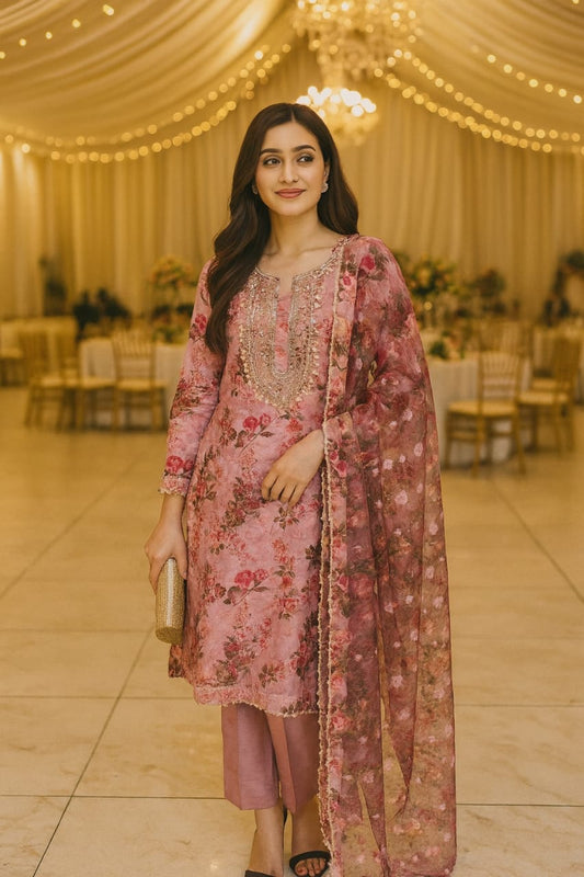 Floral hand-embroidered gotta  neckline
