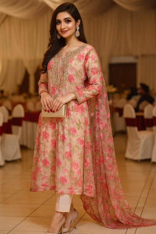 Floral hand-embroidered gotta neckline