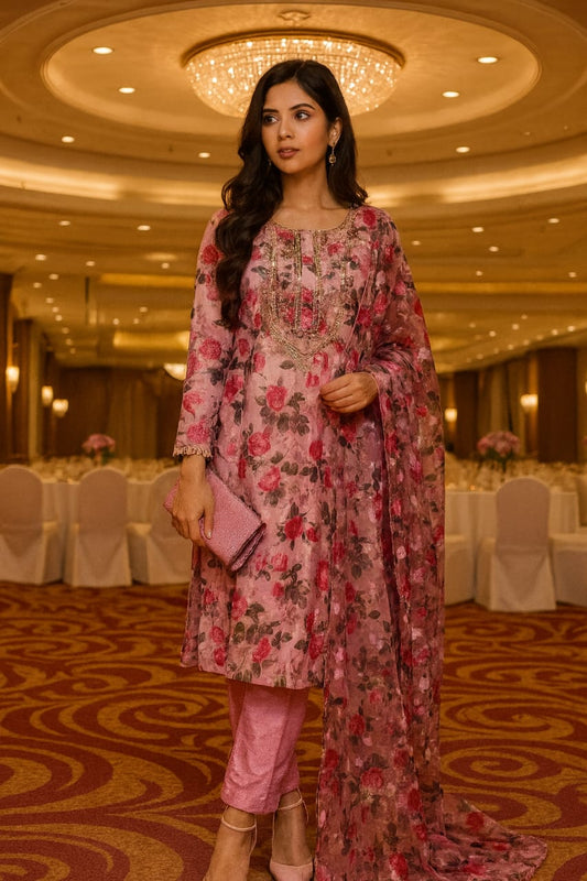 Floral hand-embroidered neckline