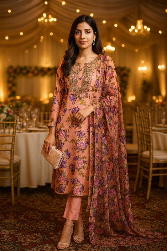 Floral hand-embroidered gotta neckline